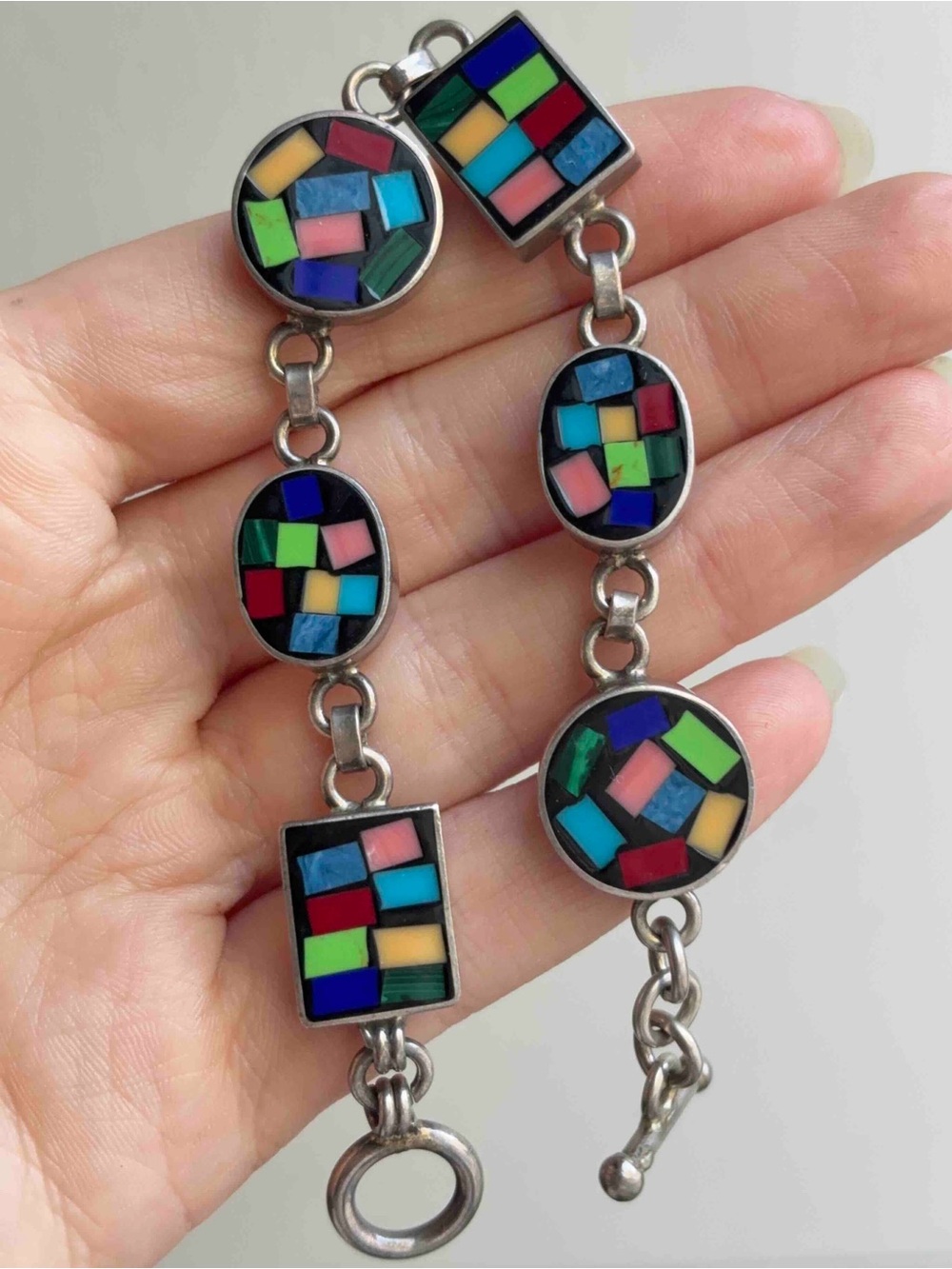 Vintage Signed Taxco Sterling Silver Mosaic Inlay Gemstone Toggle Bracelet